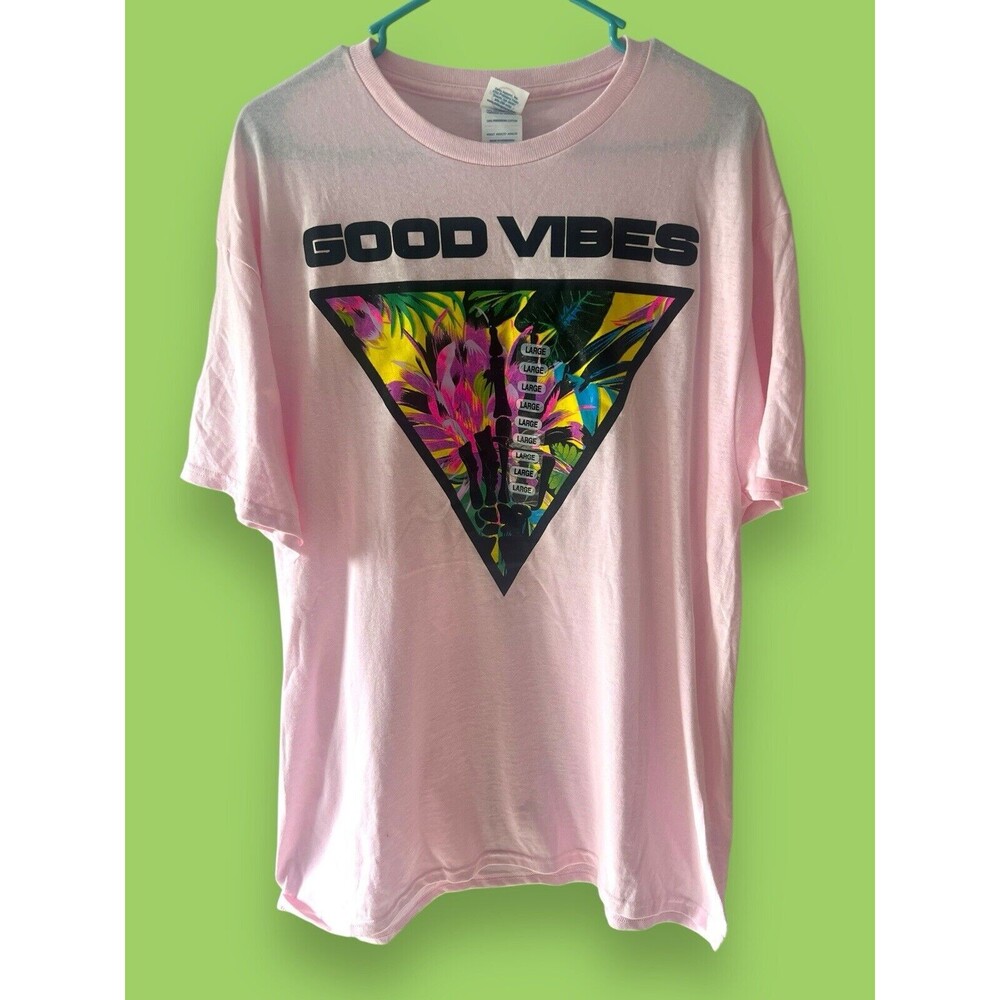 Good Vibes Skeleton Pink Peace Sign Jungle Tropical Unisex Large T-Shirt NWT New